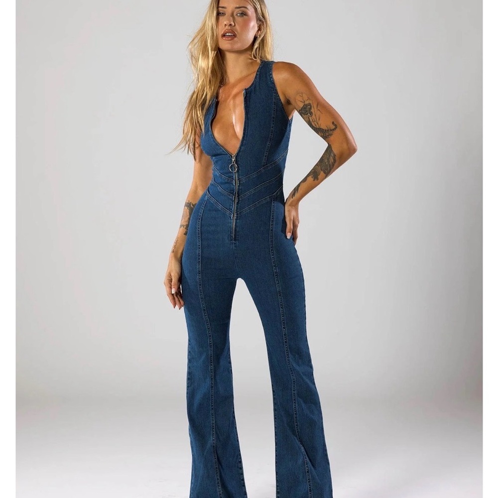 Women's Blue Denim Flare Jumpsuit